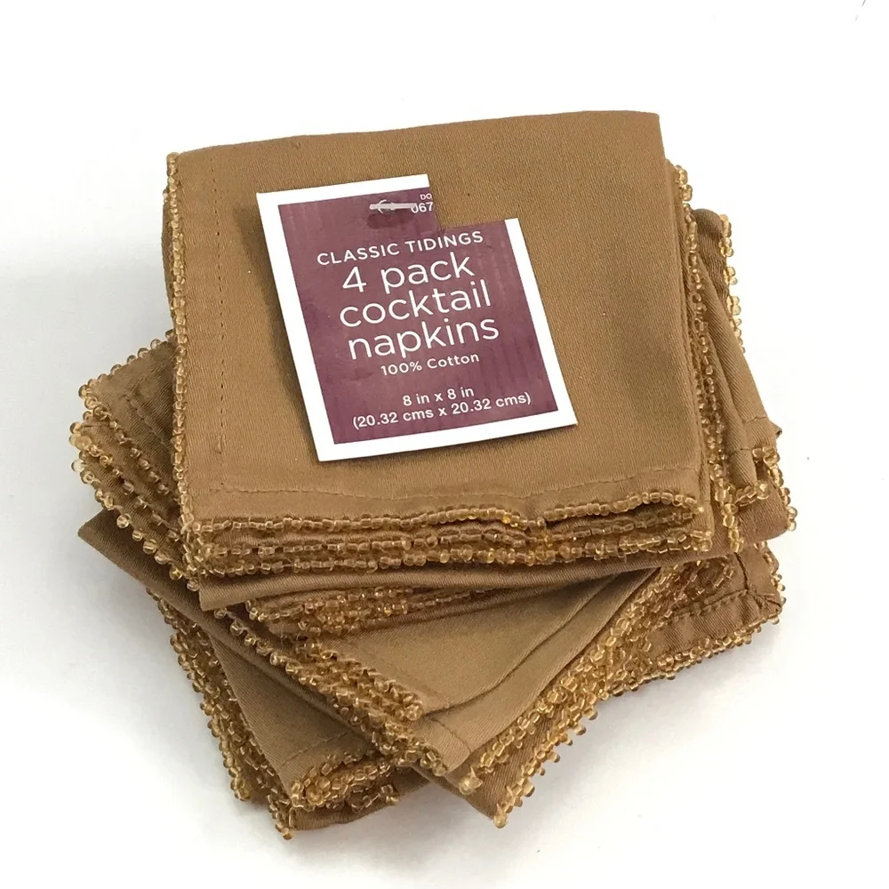 Cotton Beaded Cocktail Napkins Golden Tan Set of 12